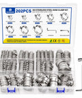 202 Piece Stainless Steel Hose Clamp Assortment Kit With 8 Sizes From 1 4 Inch To 2 Inch Adjustable Worm Gear Clamps For Fuel Lines Radiators And Water Pipes In Automotive And Plumbing Projects Plus Wrench, open organizer with clamps and wrench