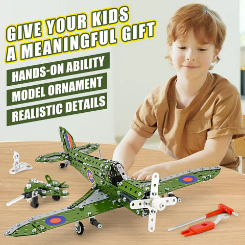 Child assembling Epic 374 Piece Model Airplane Kit For Kids Aged 8 To 12 DIY STEM Building Set with main plane visible.