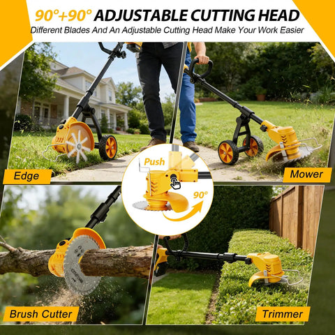 Cordless 21V Weed Eater With Three Cutting Attachments Electric String Trimmer showcasing adjustable head for edge, mower, brush cutter