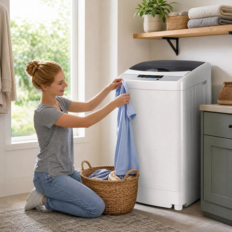 Woman placing a shirt into a Compact Portable Washer With Smart Auto Cycles And Delay Start Control for small spaces.