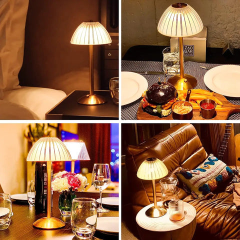 Rechargeable Portable Mushroom LED Table Lamp With Touch Sensor on dining table, nightstand, and outdoor setting