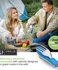 Couple using 4 In 1 Camping Utensils Set Portable Stainless Steel Spoon Fork Knife And Bottle Opener Multitool Blue while camping.