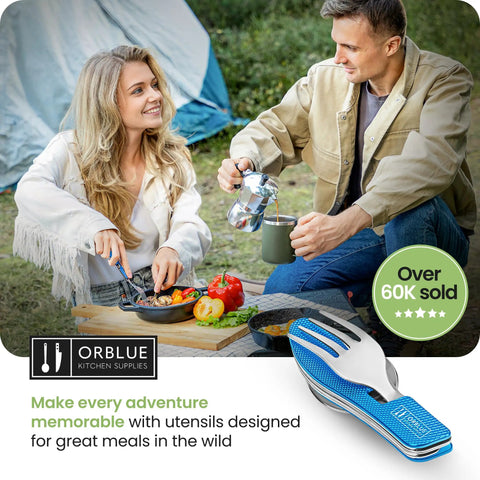 Couple using 4 In 1 Camping Utensils Set Portable Stainless Steel Spoon Fork Knife And Bottle Opener Multitool Blue while camping.