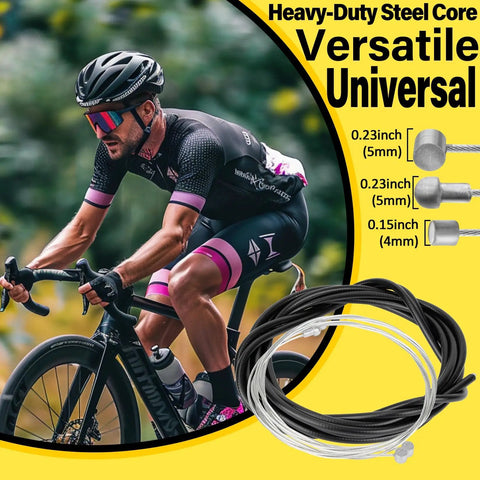 Cyclist with Universal Bike Brake Cable Kit 44 Piece With Housing Shifter Cables Ferrules O Rings And End Caps in foreground