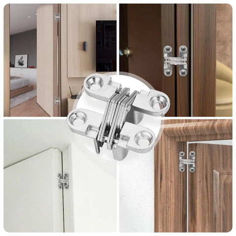 Installation of Hidden Door Hinge Set Six Pack Cross 180 Degree Concealed Stainless Steel Hinges on various cabinets and doors.