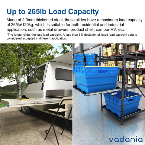 Beefy 32 Inch Heavy Duty Drawer Slide With Lock For Lockable Drawers, shown extending from a van with blue storage bins