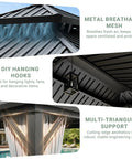 Hardtop Outdoor Gazebo With Aluminum Frame And Double Galvanized Steel Roof For Patio Backyard Or Deck Curtain Netting Included Dark Grey 10x12 Pergola Built To Weather The Elements showcasing breathable mesh, hanging hooks, and support.