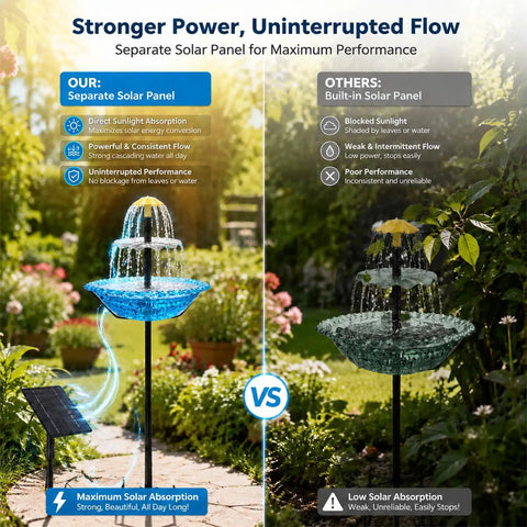 Comparison of Sun-Powered Bird Bath Fountain With External Solar Panel And Copper Cleaner against built-in solar panel model in garden.