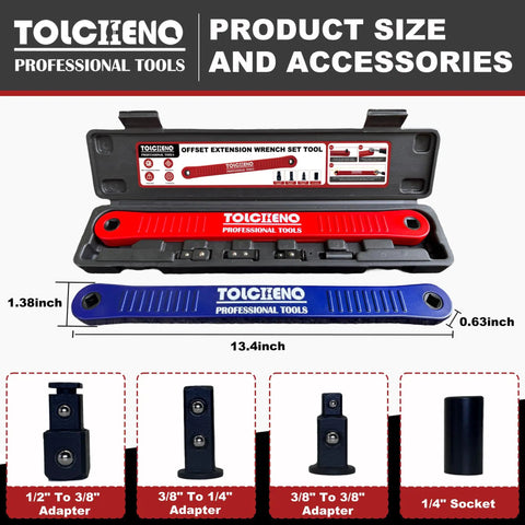 Zero Offset Extension Wrench Set Pro Grade Extender Tool With 1/4 Inch, 3/8 Inch, And 1/2 Inch Square Drive Adapters For Tight Spots