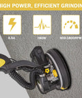 Dustless Drywall Sander With Vacuum Dust Collector Pro Grade 6.5 Amp 780W Variable Speed 900 To 1800 RPM in action on wall