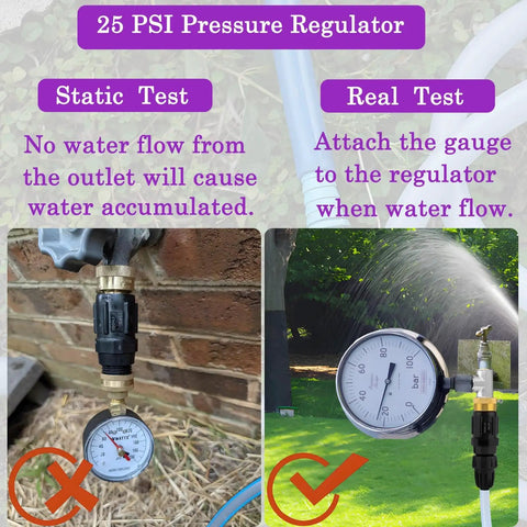 A 25 PSI pressure regulator showing static and real test results, part of the All In One Drip Irrigation Faucet Adapter Kit.