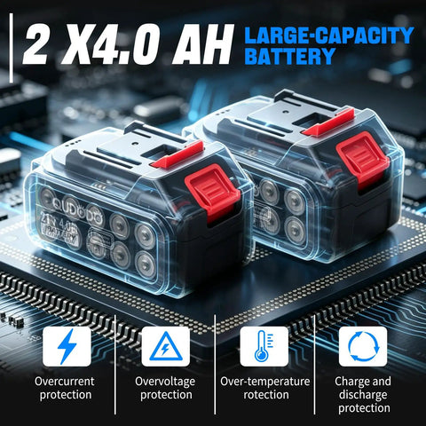 Dual 4Ah batteries on circuit board for Cordless Four And A Half Inch Brushless Angle Grinder With Dual 4Ah Batteries And Charger, Nine Thousand RPM, Adjustable Three Speed For Metal Cutting Grinding Polishing And Rust Removal, Long Lasting Motor No Cord Hassle