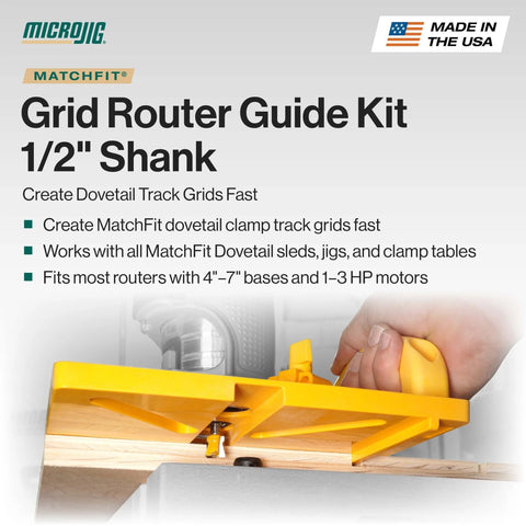 MatchFit Grid Routing Guide Kit For Dovetail Clamping Tracks, Self Indexing Router Jig For One Half Inch Shank in use