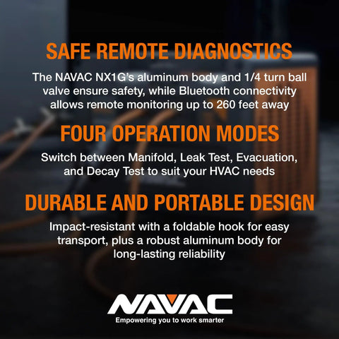 NX1GV Nexus 2 Digital Manifold Gauge With 2 Valve Kit And Vacuum Gauge, Wireless Temperature Clamps, High Definition Touchscreen, Class 0.4 Accuracy, Supports 100 Refrigerants, A2L Compatible, App Included. HVAC diagnostic tool with Bluetooth remote monitoring
