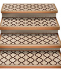 Set Of Attachable Indoor Carpet Stair Treads Moroccan Trellis Lattice Vanilla Cream And Coffee Brown 8 By 26 Inch Non Slip Grip