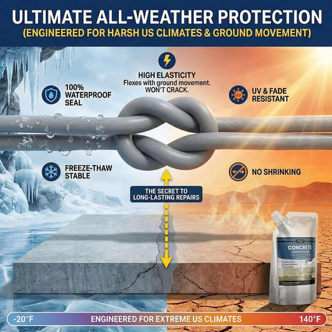 Ultimate all-weather protection illustration with waterproof seal features for Dead Set Self Leveling Concrete Crack Filler 4 Pack.