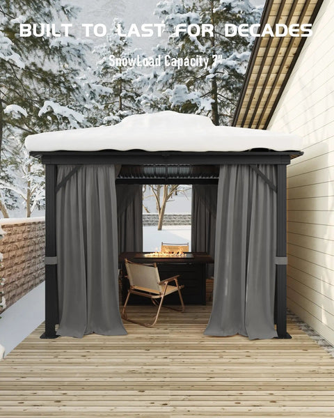 12x12 Hardtop Gazebo With Beefy Double Roof And Mosquito Net, Aluminum Frame And Galvanized Steel Top Canopy, Privacy Curtain