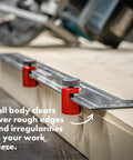 Stair Gauges For Framing Square With Non Slip Grip And Holder, heavy duty framing jig in use on wood with tall body clearing edge