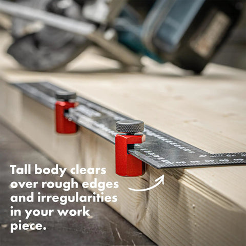 Stair Gauges For Framing Square With Non Slip Grip And Holder, heavy duty framing jig in use on wood with tall body clearing edge