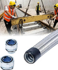 Heavy Duty Stainless Steel Flexible Conduit For Electrical Wiring with braided armor, shown next to fittings and industrial workers.