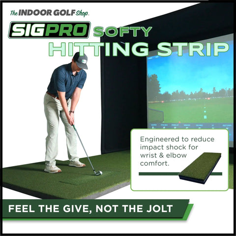 Golfer using Replaceable Indoor Golf Hitting Strip Kit with dope real fairway feel on Teeline turf for simulators and home setups.