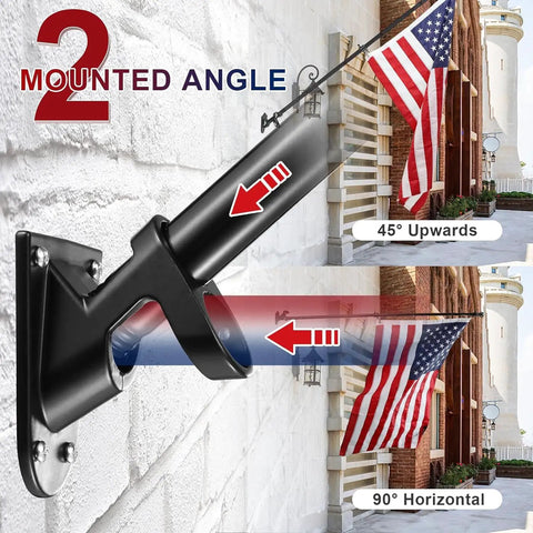 Mounted angle options of 3x5 US Flag Pole Kit With Heavy Duty 5ft Tangle Free Flagpole And Weather Resistant Embroidered American Flag, Stainless Steel Black Pole, Mount Bracket, Easy Outdoor Porch Flag Display.