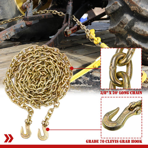 Grade 70 3/8 Inch By 20 Foot Transport Chain With Clevis Grab Hooks DOT Approved Heavy Duty Tie Down Binder Chain Yellow Zinc