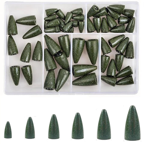 Bullet Shape Fishing Sinkers Lead Bullet Sinker Worm Weights 55 Piece Box Kit for Bass Fishing Texas Rig Carolina Rig Slip Sinker Tackle