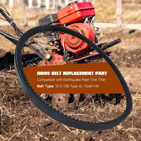 Beefed Up Drive Belt 12 X 728 4L Tooth HA for rear tine tiller in garden setting, compatible with Versa Tiller 79cc 99cc models.