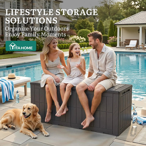 134 Gallon Waterproof Resin Deck Box With Lock Doubles As A Two Person Bench For Patio Cushions Garden Tools And Pool Gear