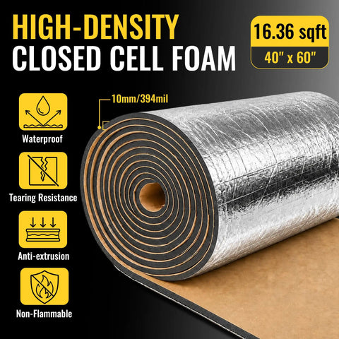 Heavy Duty Tear And Stick Sound Deadening Mat 10mm Thick Aluminum Heat Shield Foil 60 X 40 Inches showing rolled foam insulation.