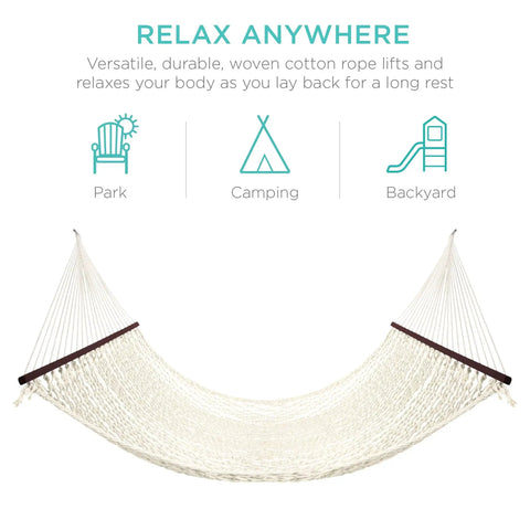 Two Person Outdoor Hammock With Spreader Bars And Cotton Rope hanging, showing spacious design and twisted cotton rope