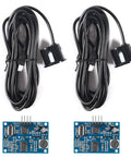 Dual Pack Dope Waterproof Ultrasonic Distance Sensor Module With 40kHz Transducer, 25cm to 4m Range, 75 Degree Detection Arc, 3.3V to 5.5V Operation, Sealed Design For Robots, Drones, And DIY Proximity Sensing, showing two sensors with cables and circuit boards.