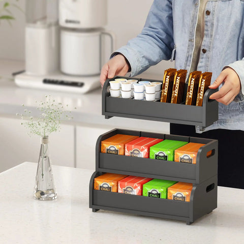 Go-To Tea Bag Organizer Rack With 3-Tier Bamboo Display, Stackable Wall Mount, Holds 180 Plus Tea Bags, Black Finish on counter