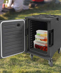 Insulated Food Pan Carrier 95 Qt Front Loading Hot Box For Catering Non Electric Food Warmer with door open showing containers
