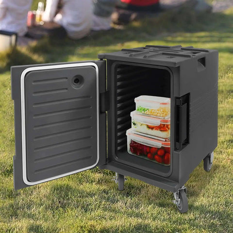 Insulated Food Pan Carrier 95 Qt Front Loading Hot Box For Catering Non Electric Food Warmer with door open showing containers