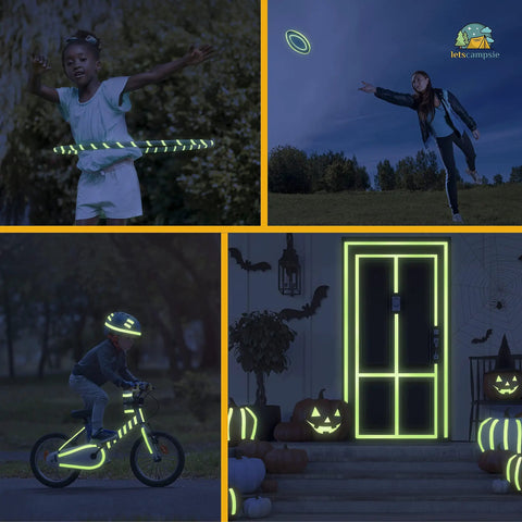 Glow In The Dark Tape With 30 Feet Of 1 Inch Width Premium Industrial Grade Indoor And Outdoor Luminous Tape For Night Time Visibility Easy To Spot Objects And Safer Steps used creatively on hula hoop, frisbee, bicycle, and doorway for night visibility.