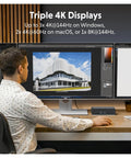 User working on laptop with triple 4K displays, showcasing Badass Thunderbolt 5 Dock With Built In Ssd Enclosure, 120Gbps Desktop Hub For Mac And Pc.