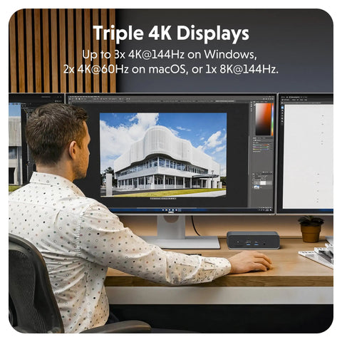 User working on laptop with triple 4K displays, showcasing Badass Thunderbolt 5 Dock With Built In Ssd Enclosure, 120Gbps Desktop Hub For Mac And Pc.