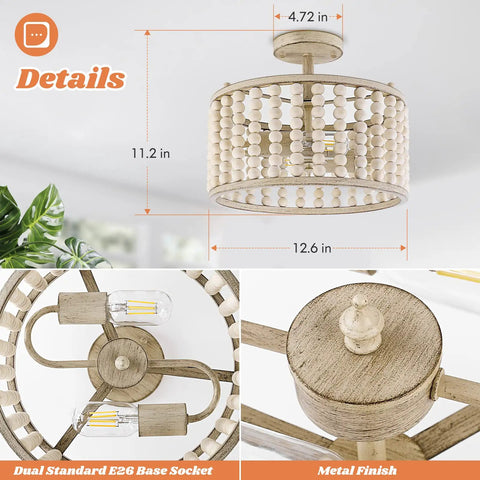 Oak Wood Beaded Chandelier Farmhouse Boho Flush Mount Light With Rustic Charm Two Lights E26 Base Dope Nursery Hallway Foyer