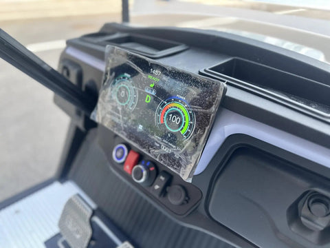 Dashboard view of White 6 Passenger 4+2 Seater Electric Golf Cart With 48V 150Ah Lithium Battery And One Click Start.