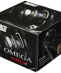 Box of Omega Pro 3SZ Spincast Reel With 10 Pound Line, Size 30, Black, showcasing power packed build with aluminum covers and features.