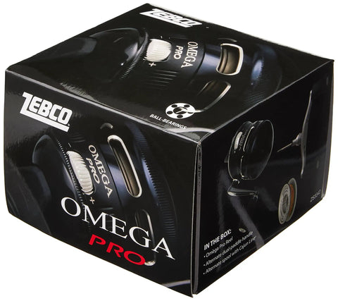 Box of Omega Pro 3SZ Spincast Reel With 10 Pound Line, Size 30, Black, showcasing power packed build with aluminum covers and features.