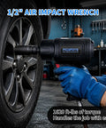 Rock Solid Half Inch Air Impact Wrench Delivers 1620 Ft Lb Torque And 8500 Rpm Spin For Heavy Duty Automotive Jobs And Quick Tire Swaps No Nonsense Power Tool with rubber grip using on lug nut.