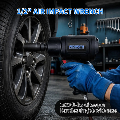 Rock Solid Half Inch Air Impact Wrench Delivers 1620 Ft Lb Torque And 8500 Rpm Spin For Heavy Duty Automotive Jobs And Quick Tire Swaps No Nonsense Power Tool with rubber grip using on lug nut.