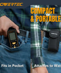 Straight Shooter Laser Measure 165 Ft Range Digital Distance Meter fits in pocket and attaches to waist for portability.
