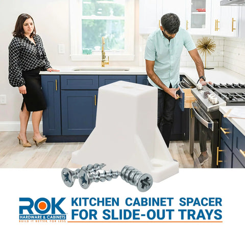 White Plastic Cabinet Drawer Slide Side Spacers With Screws One And Half Inch For Kitchen Cupboards in use.