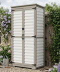 Outdoor Storage Cabinet With Adjustable Shelves For Tools And Gear, Tall White Wood And Plastic Shed With Weatherproof Roof