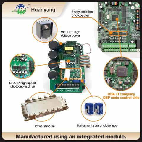 Front view of Huanyang VFD control board with MOSFET power stage and integrated power module