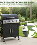 Four Burner Propane Gas BBQ Grill With 40,000 BTU Power, stainless steel build, foldable side tables, spice rack on wheels